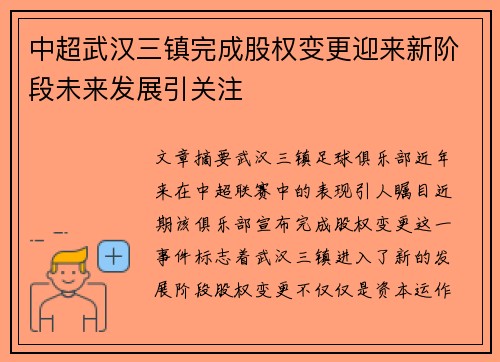 中超武汉三镇完成股权变更迎来新阶段未来发展引关注